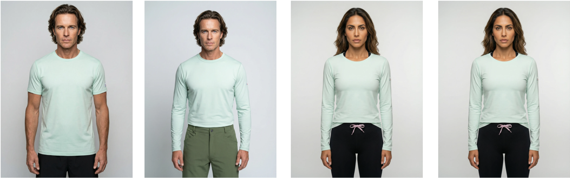 Un homme et une femme présentent les t-shirts en tissu cordura de la collection ogarun